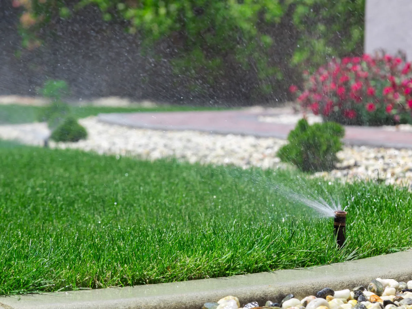 Pop-up sprinkler spraying a fan of water across a mown lawn edged with concrete curb and river stones